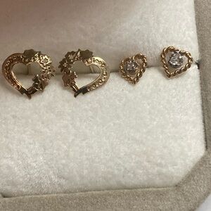 Pair of 14k Yellow Gold Heart Earrings and Pair of 10k Heart Diamond Earrings